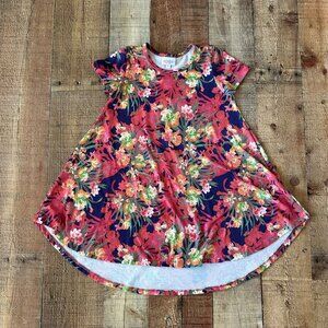 Lularoe Girls Size 6 Pink Hawaiian Floral Print Short Sleeve Knee Length Drees